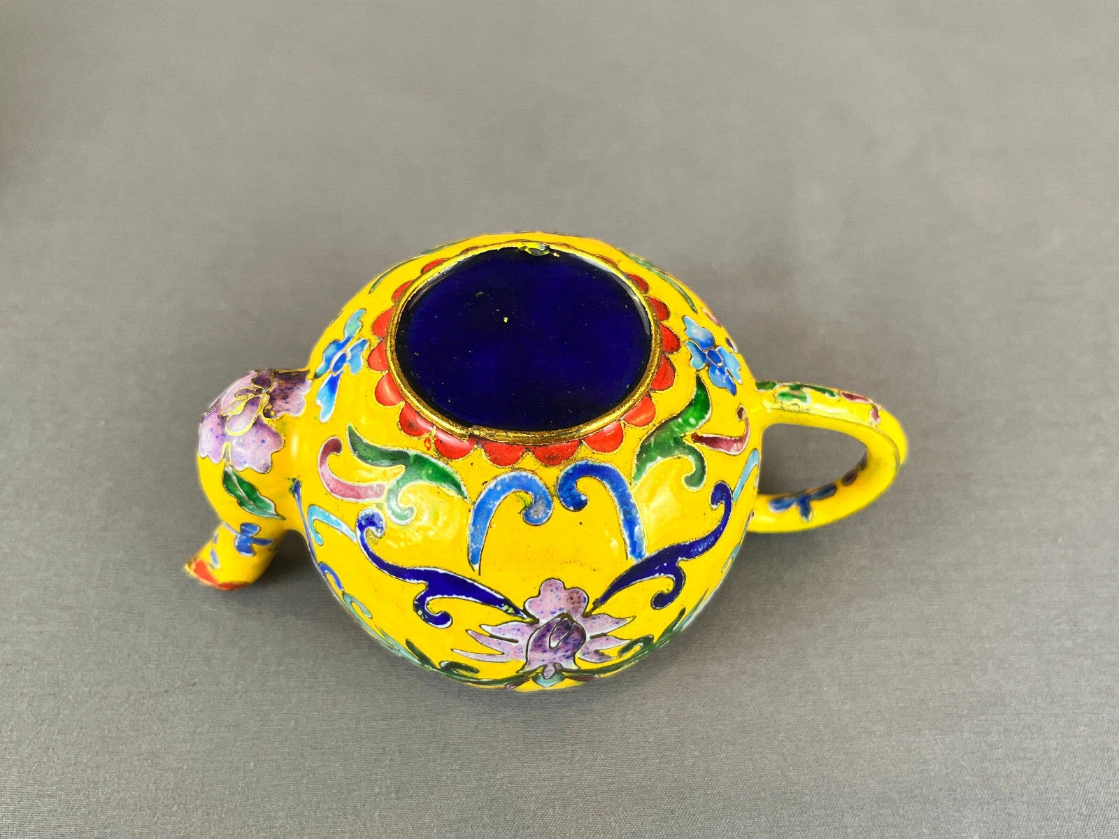 Miniature Chinese Yellow Cloisonné Enamel on Brass Floral 3" Teapot w/ Lid