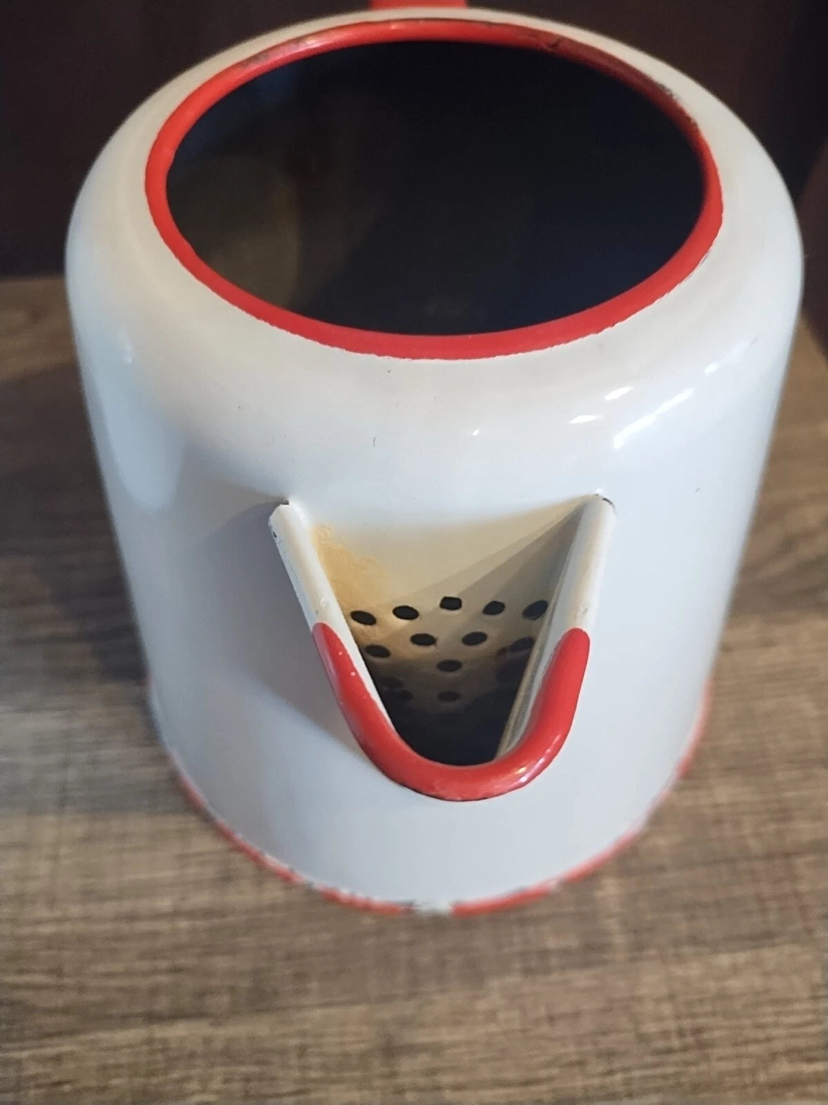 Vintage  Enamelware White w/ Red Trim Large   Pot Handle And Coffee Tea Pot