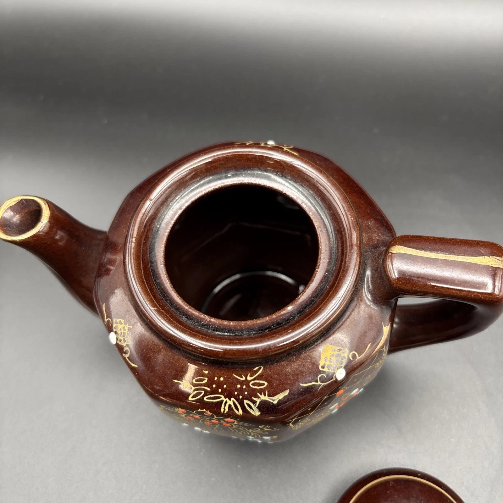 Vintage Redware Teapot Moriage Enamel Hand Painted Japan Brown