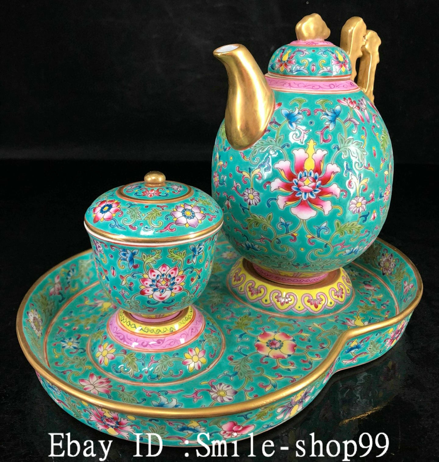 7.8" Old Qing Dynasty Enamel Colour Porcelain Gilt Wine Tea Pot Flagon Cup Set