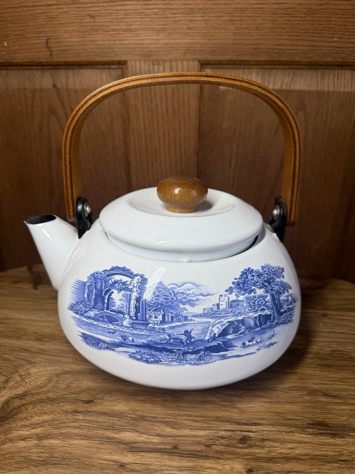 Staffordshire Tea Pot Kettle Enamelware Blue And White Castle Cows Wood Handle