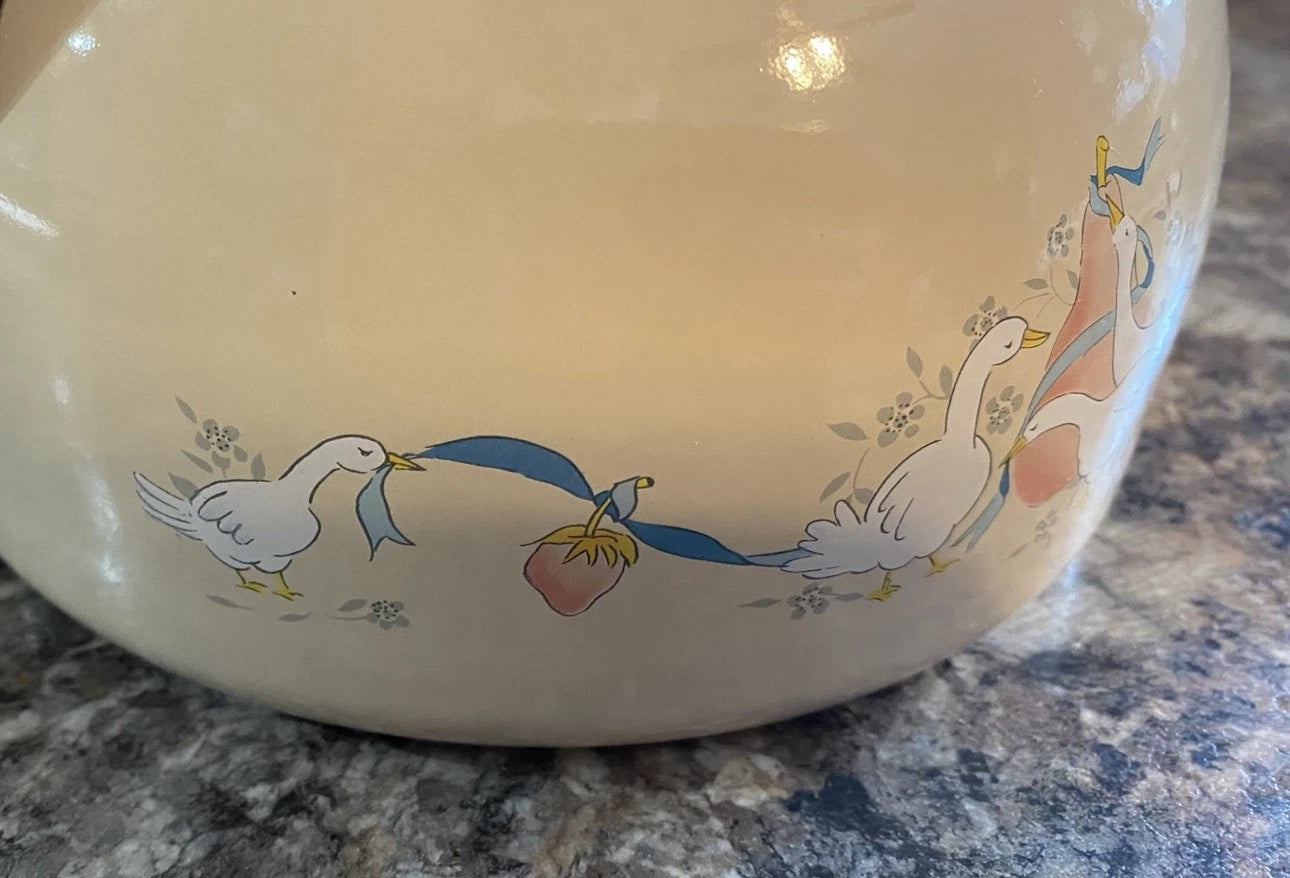 Vtg 80s International Marmalade Enamel Whistling Tea Kettle Country Goose