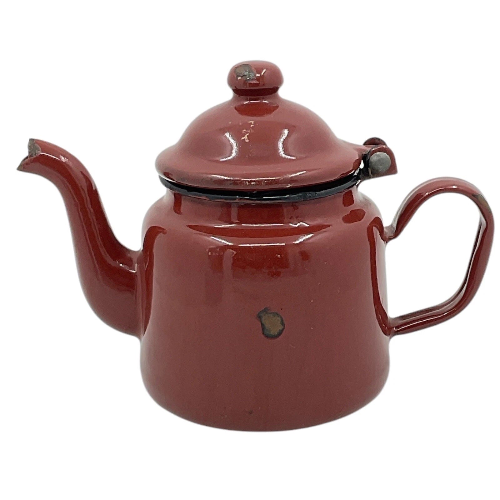 Brown Tea Pot With Hinged Lid Small Enamelware Vintage Farmhouse Decor