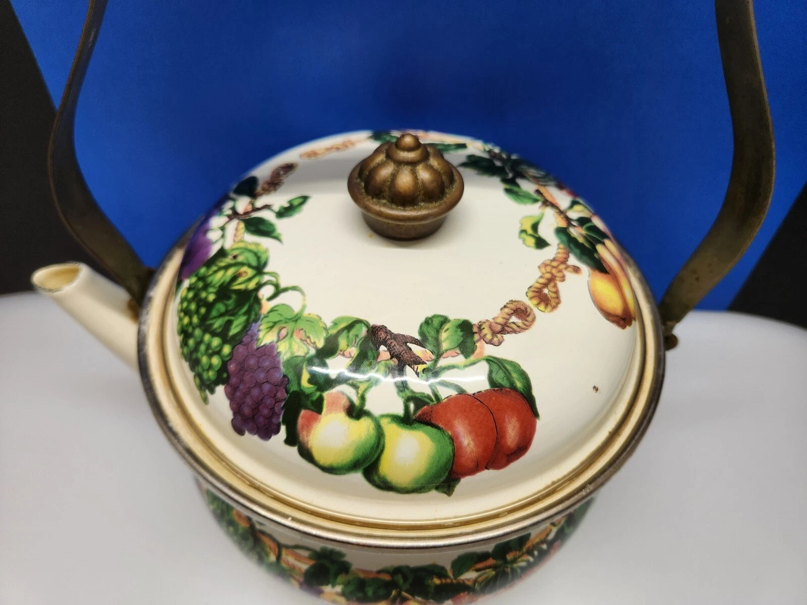 Tabletops Unlimited Vitroceramic Tea Pot With Lid Enamel Fruit Pattern