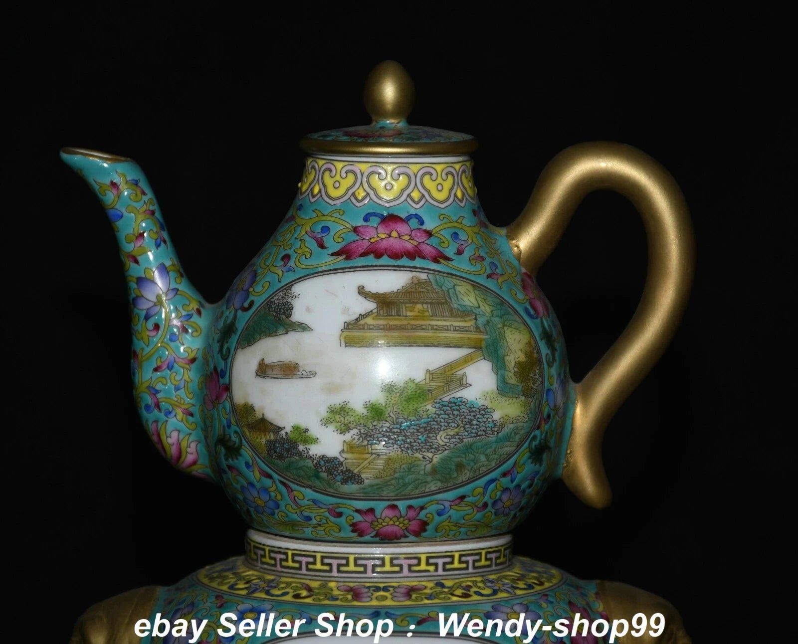 8.6" Qianlong Enamel Color Porcelain Gilt landscape Gourd Wine Pot Teapot