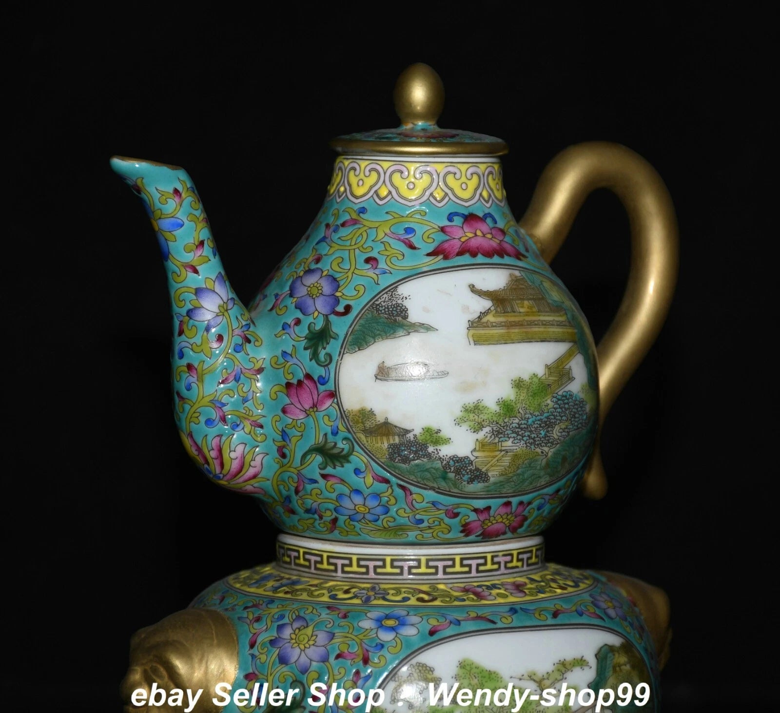 8.6" Qianlong Enamel Color Porcelain Gilt landscape Gourd Wine Pot Teapot