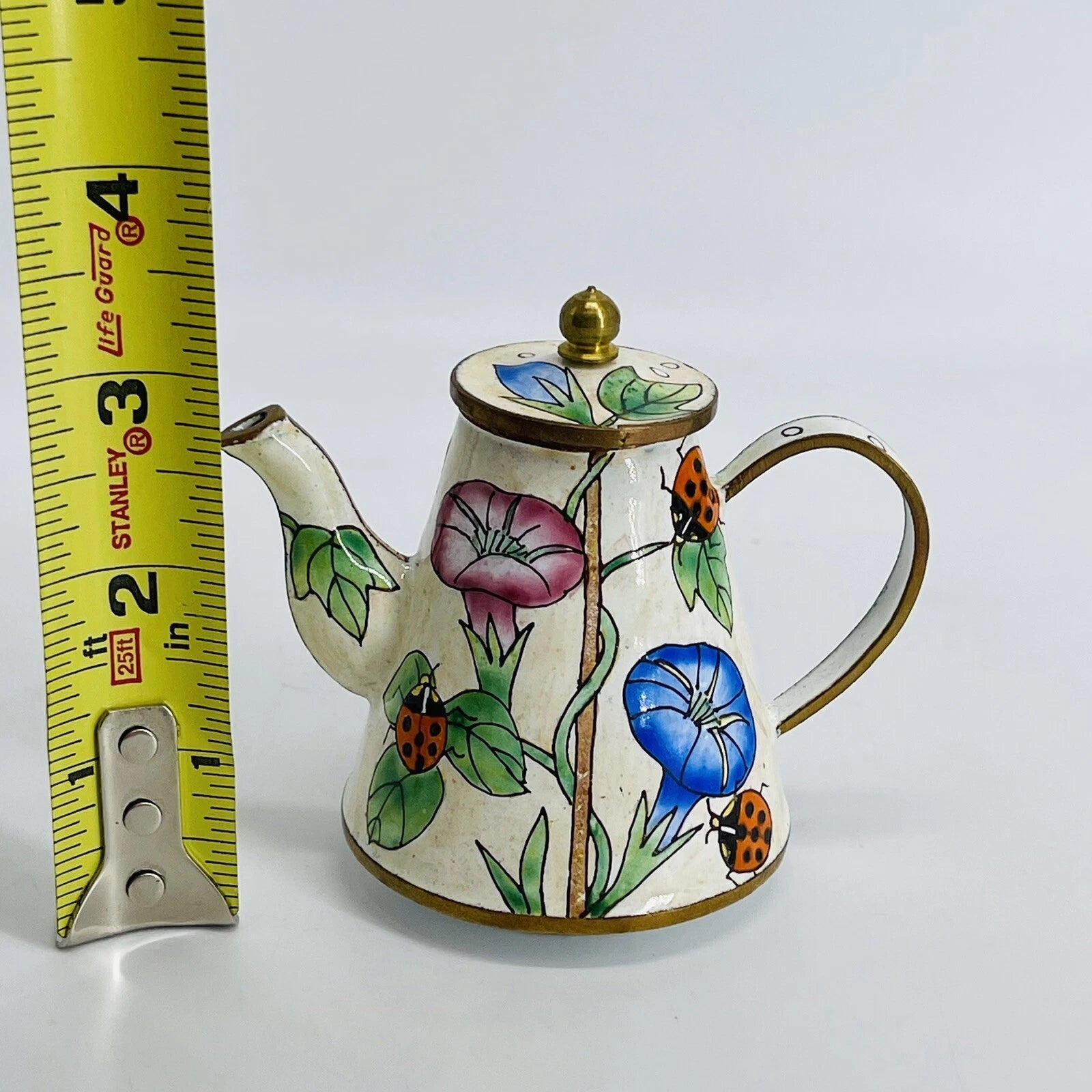 VINTAGE MINI HAND-PAINTED FLORAL LADYBUG METAL ENAMEL/BRASS TEAPOT/WATER CAN