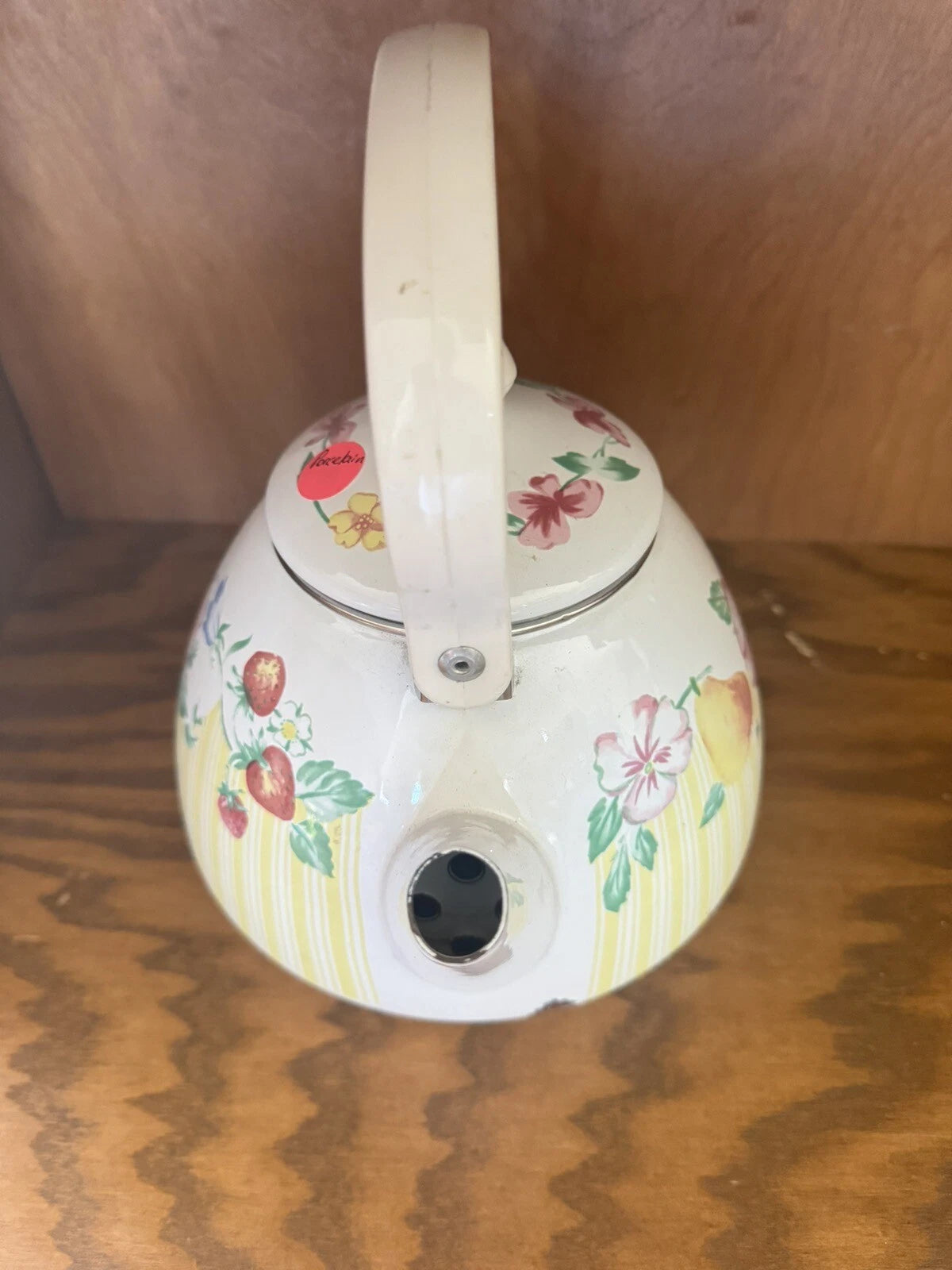 Vintage White Enamel Floral Tea Kettle Teapot Flowers
