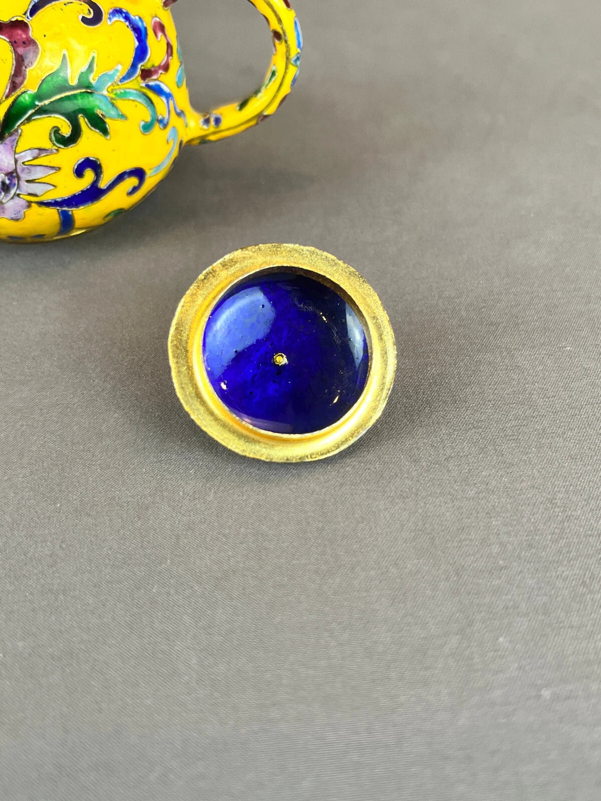 Miniature Chinese Yellow Cloisonné Enamel on Brass Floral 3" Teapot w/ Lid