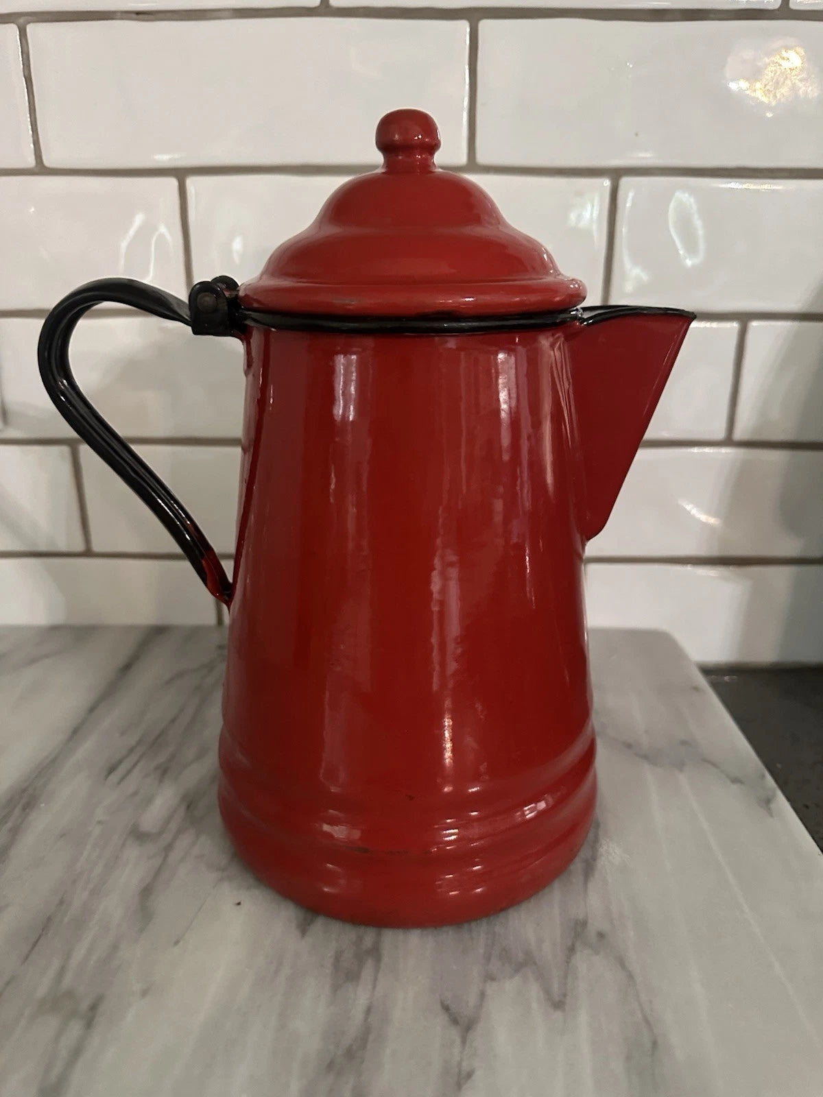 Red Enamel Teapot Metal Enamelware Farmhouse Country Vintage French