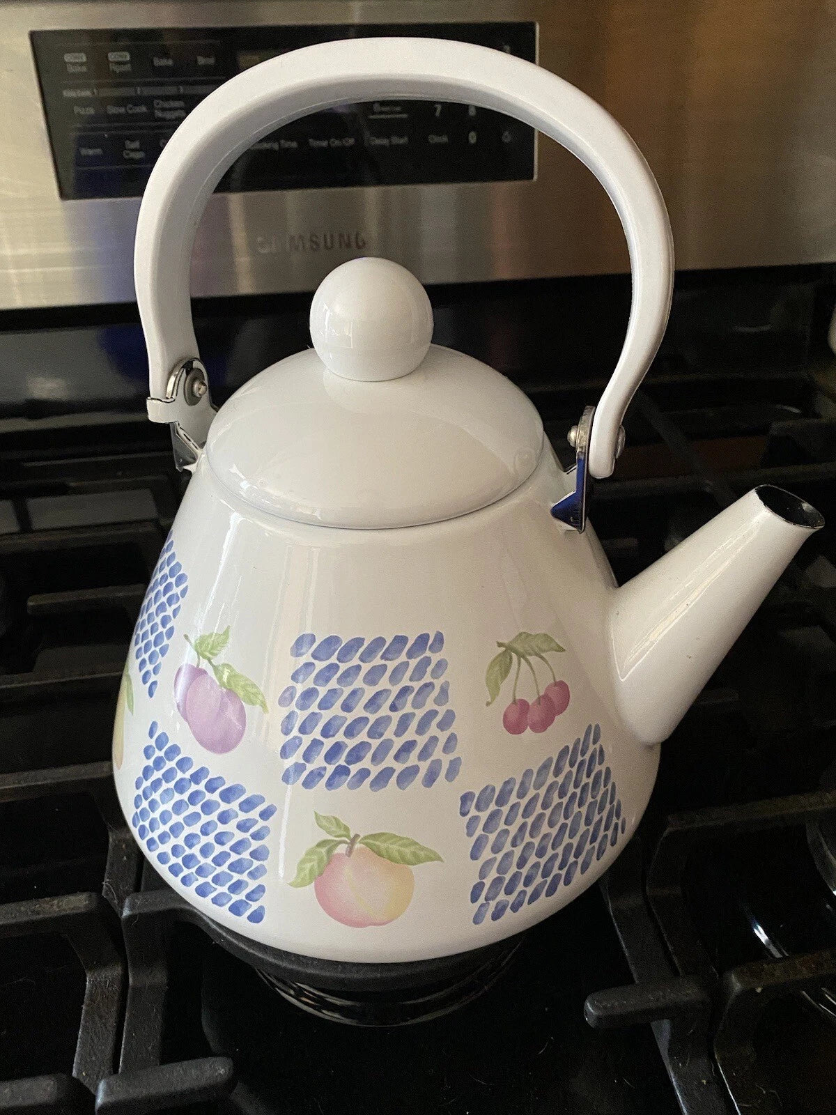 Teapot White Enamel Fruit Pear Cherries Plum Peach Blue 2 Qt Tea Pot
