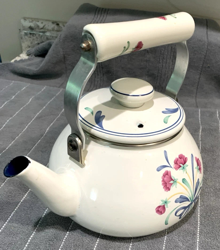 VINTAGE LENOX POPPIES ON BLUE METAL ENAMEL TEA POT KETTLE 8 CUP USA  EX COND.