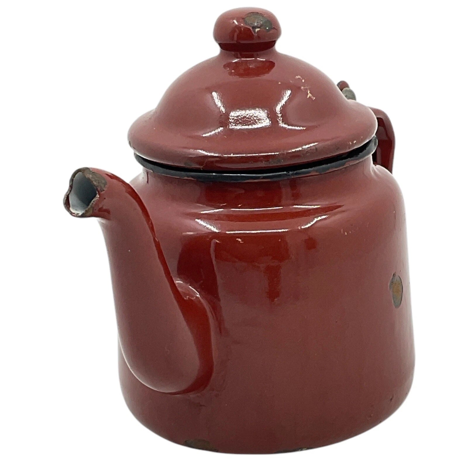 Brown Tea Pot With Hinged Lid Small Enamelware Vintage Farmhouse Decor