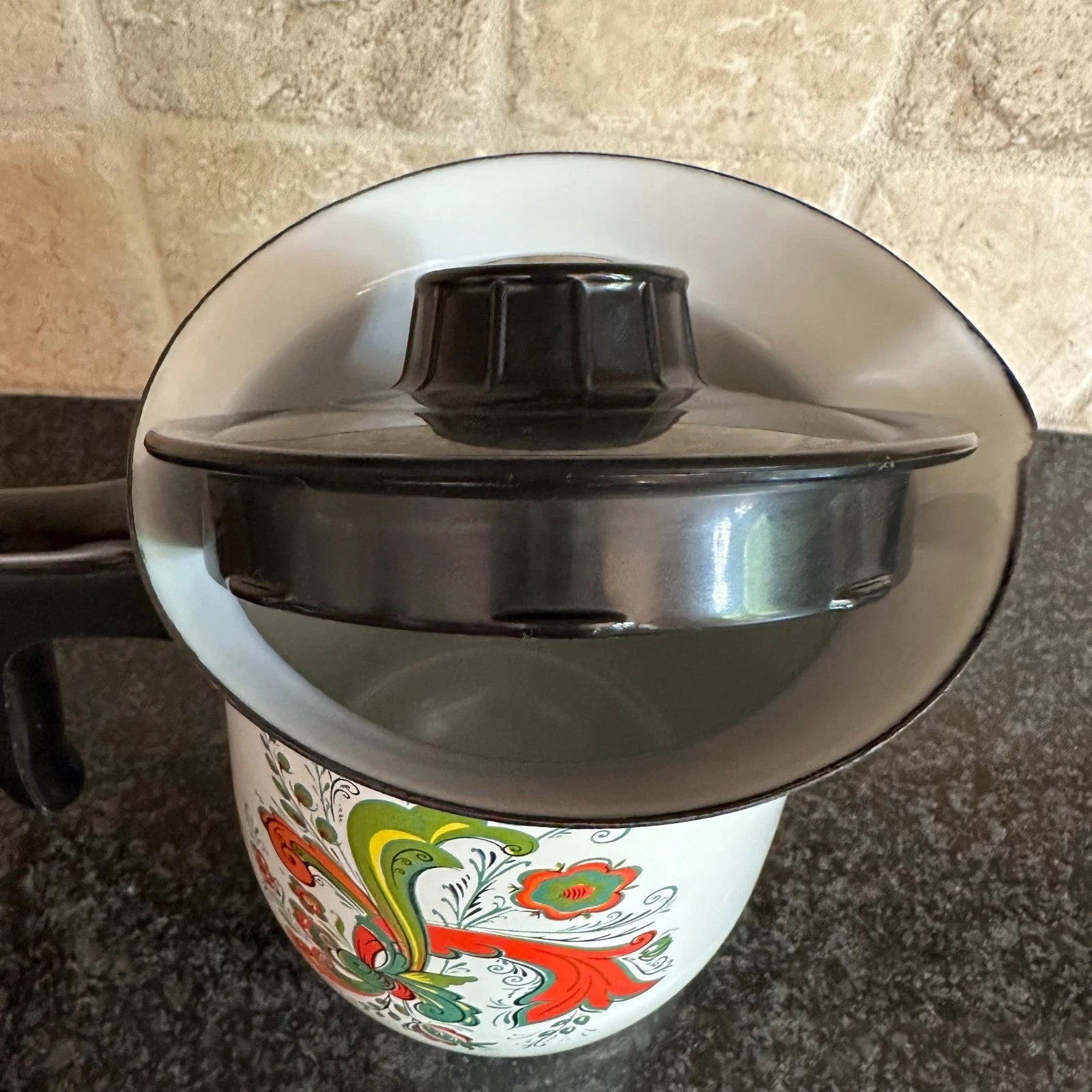 Vtg Berggren Swedish Floral Enamel Coffee Tea Pot Folk Art Design Enamelware