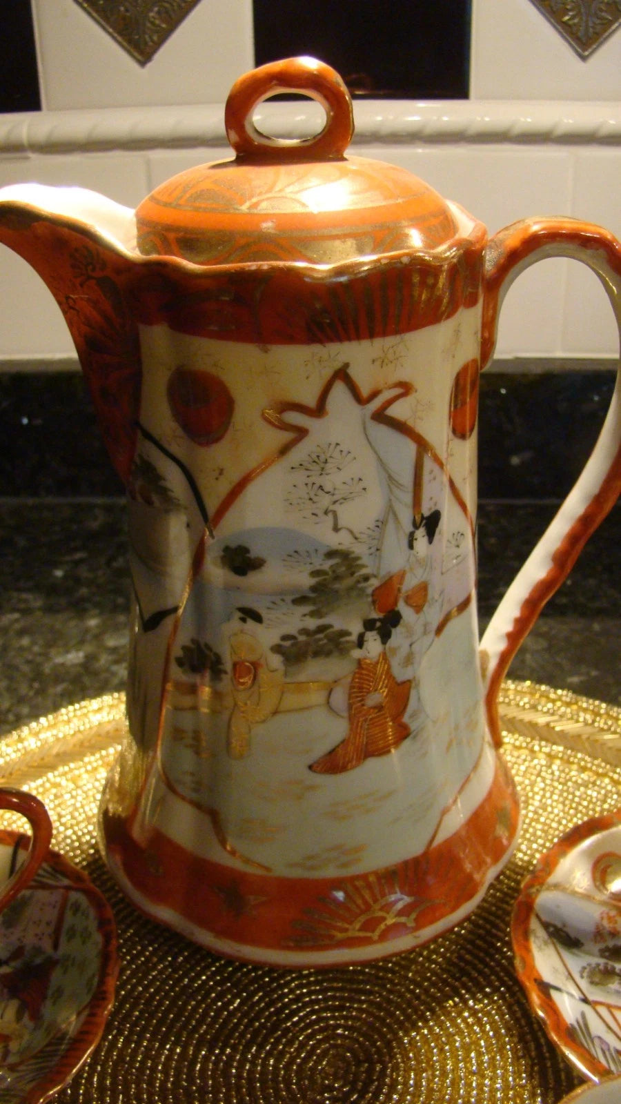 Nippon Japanese Porcelain Chocolate Pot Coffee Teapot Geisha Enamel Red Set of 4