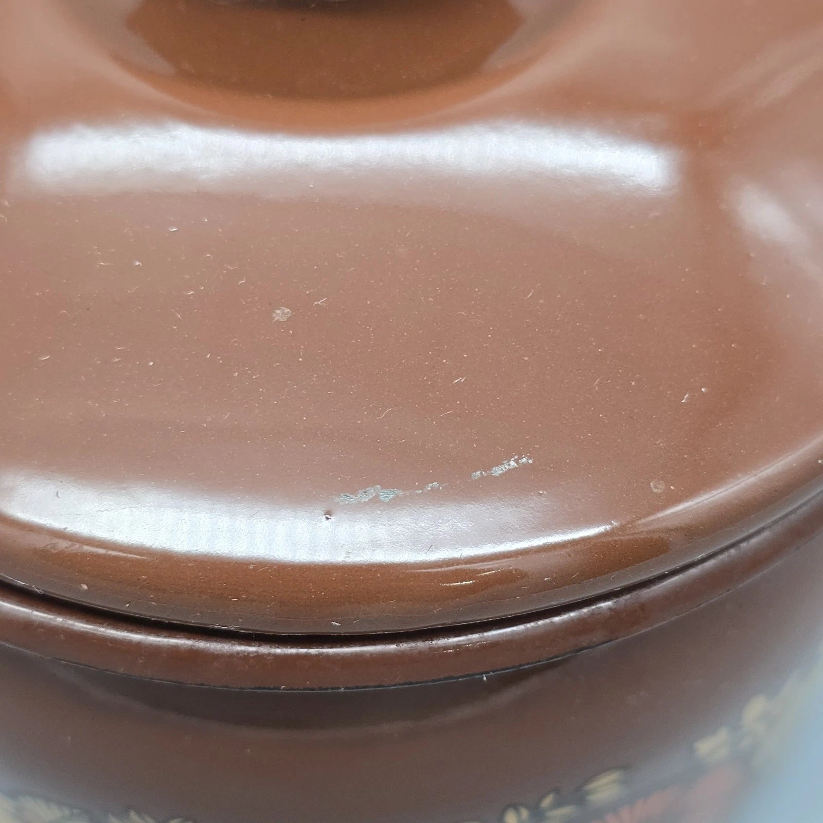 Vintage 70's Mushroom & Fruit Enamelware Brown Tea Kettle With Lid & Handle