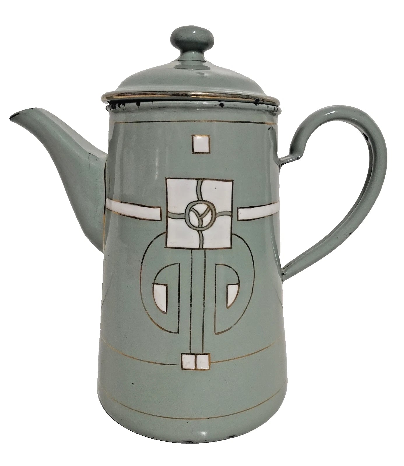 Antique Art Nouveau Jugendstil Blue Enamelware W/ Raised Elements Teapot Kettle