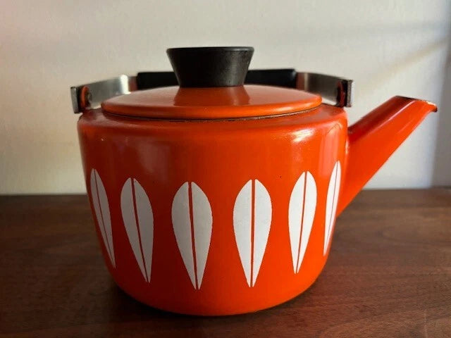 Vintage Mid-Century Cathrineholm Lotus Orange Enamel Teapot Kettle
