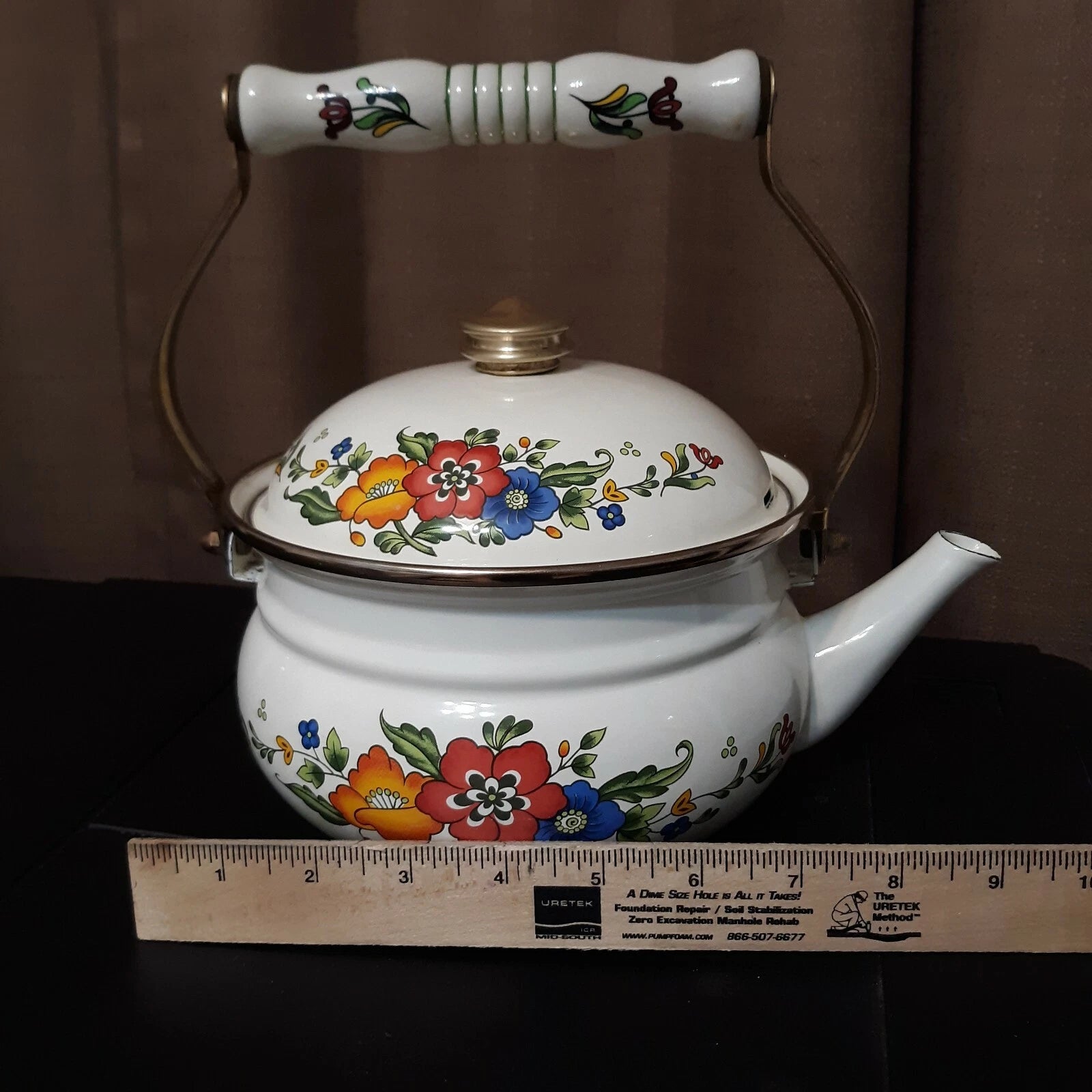 Vintage Enameled Floral Motif Tea Kettle Brass Knob Ceramic Handle Teapot