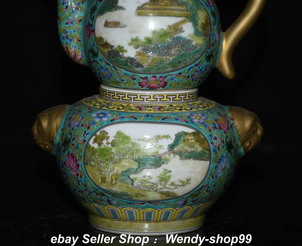 8.6" Qianlong Enamel Color Porcelain Gilt landscape Gourd Wine Pot Teapot