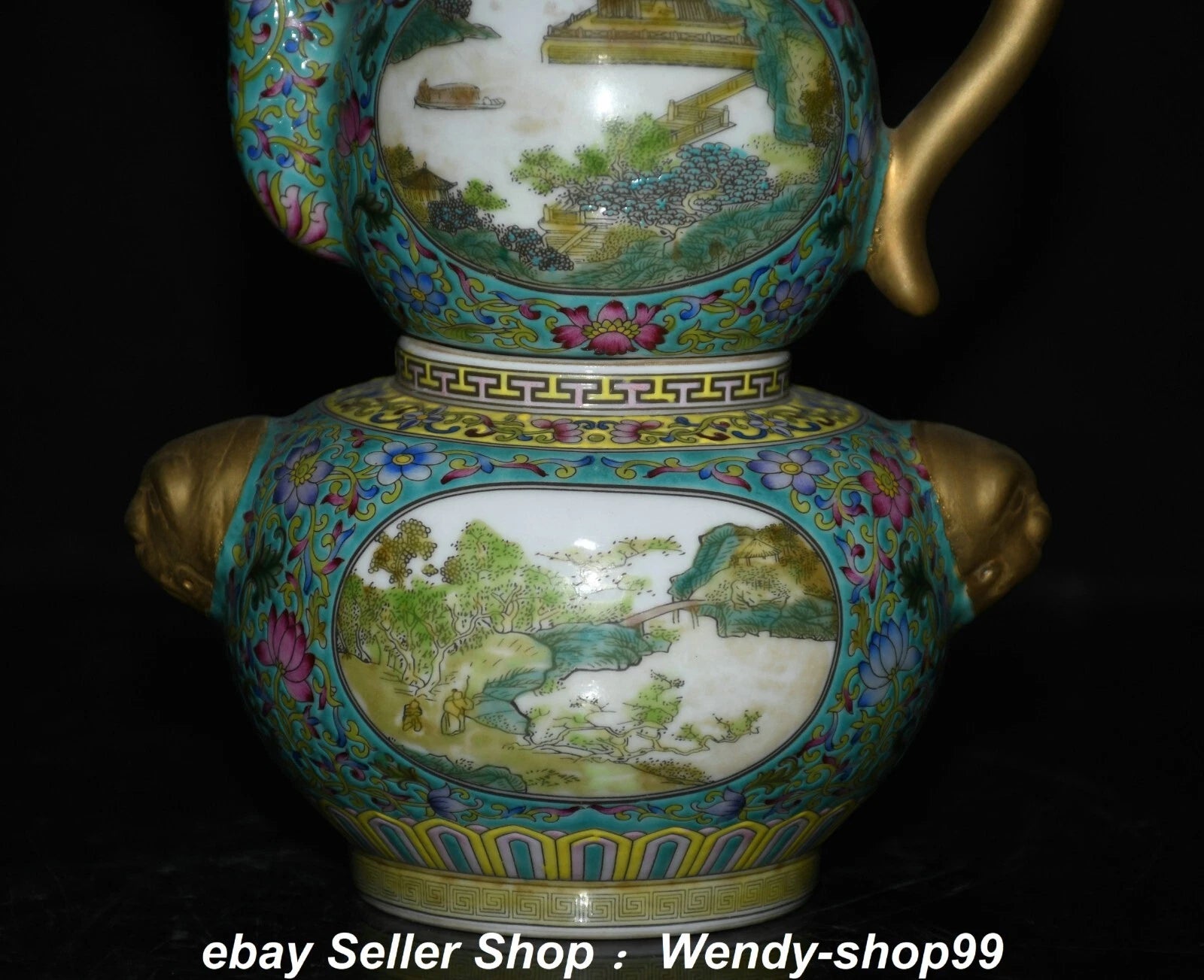 8.6" Qianlong Enamel Color Porcelain Gilt landscape Gourd Wine Pot Teapot