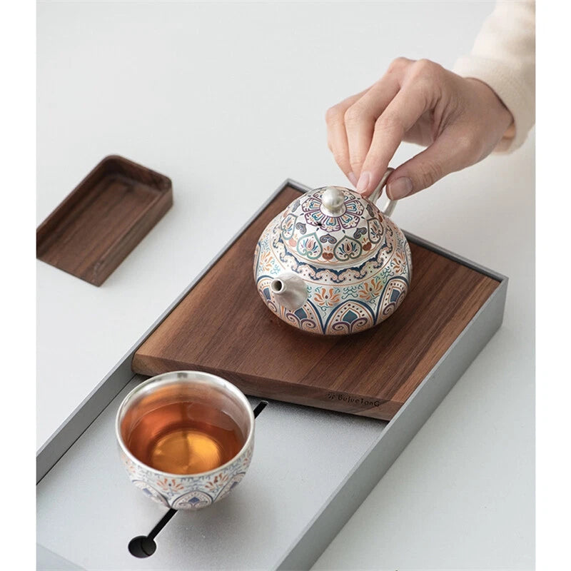 999 Silver Enamel Color Fengming Pot Ceramic Silver Teapot Kung Fu Tea Set Cups