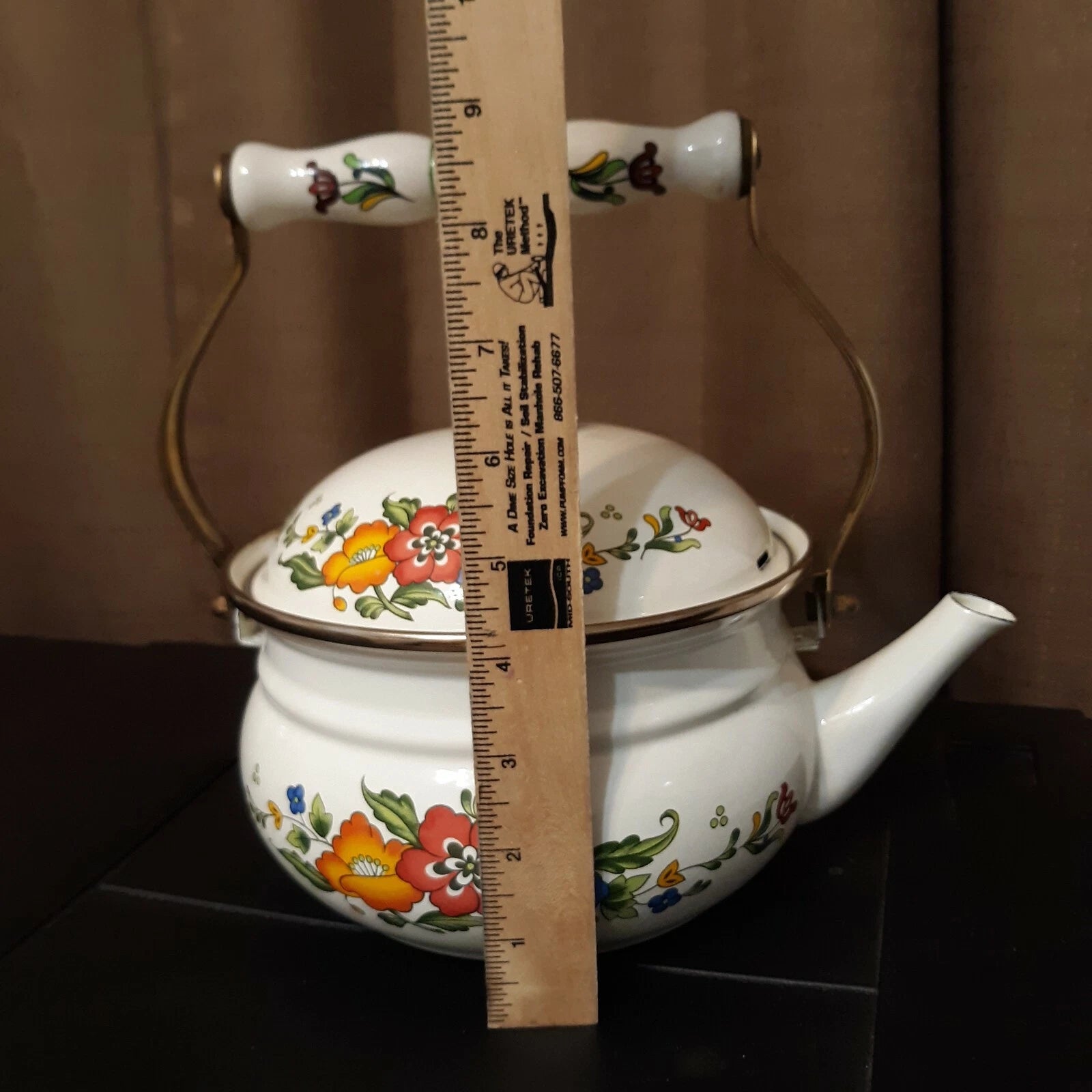 Vintage Enameled Floral Motif Tea Kettle Brass Knob Ceramic Handle Teapot