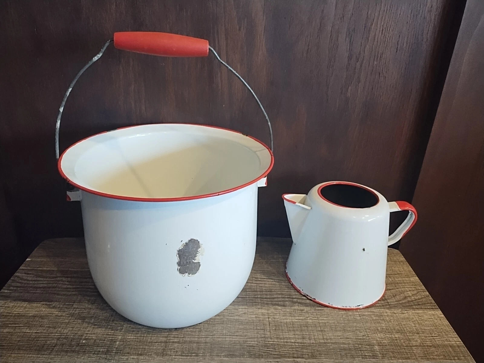 Vintage  Enamelware White w/ Red Trim Large   Pot Handle And Coffee Tea Pot