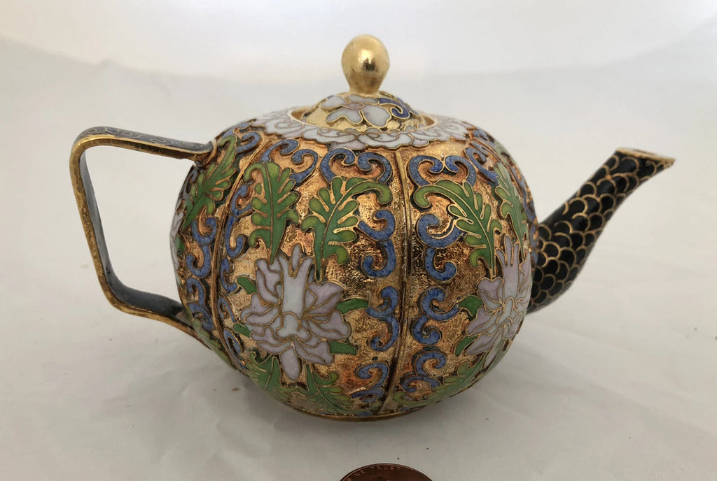 Vintage Cloisonne Enamel and Bronze 2 Teapot Set