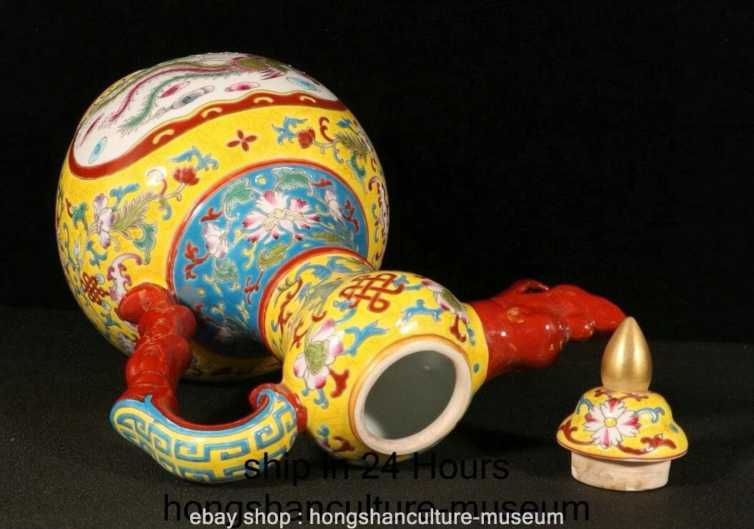 11.6" Qianlong Marked Enamel Porcelain Dragon Phoenix Beast Head Wine Tea Pot