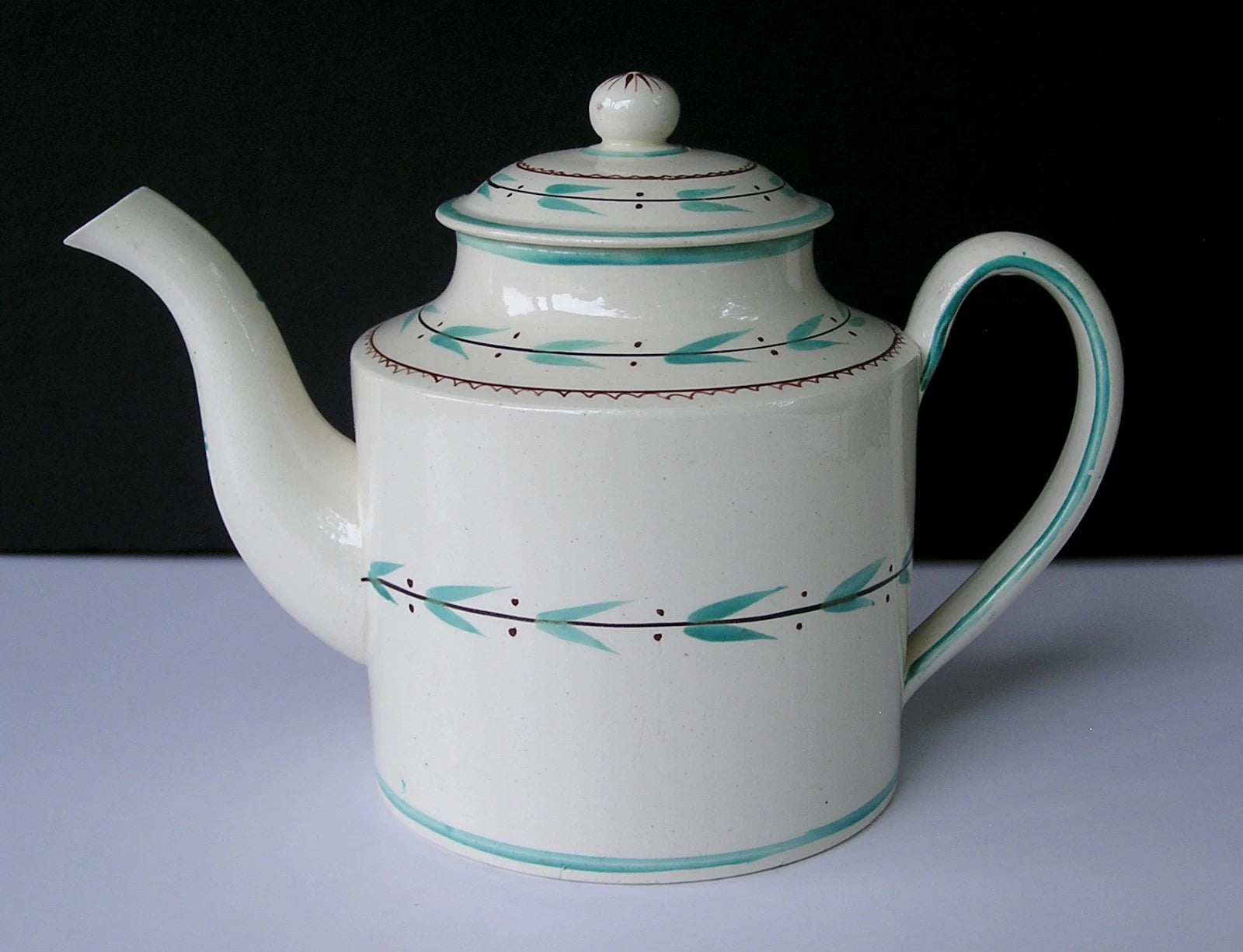 Rare Antique Staffordshire Creamware Teapot with Teal & Brown Enamel Decoration