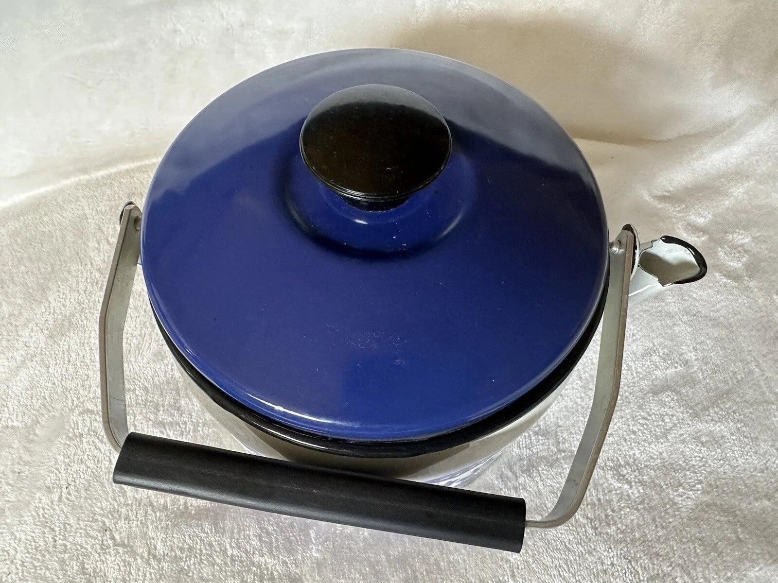 Vintage Enamel Tea Kettle White With Blue Scene
