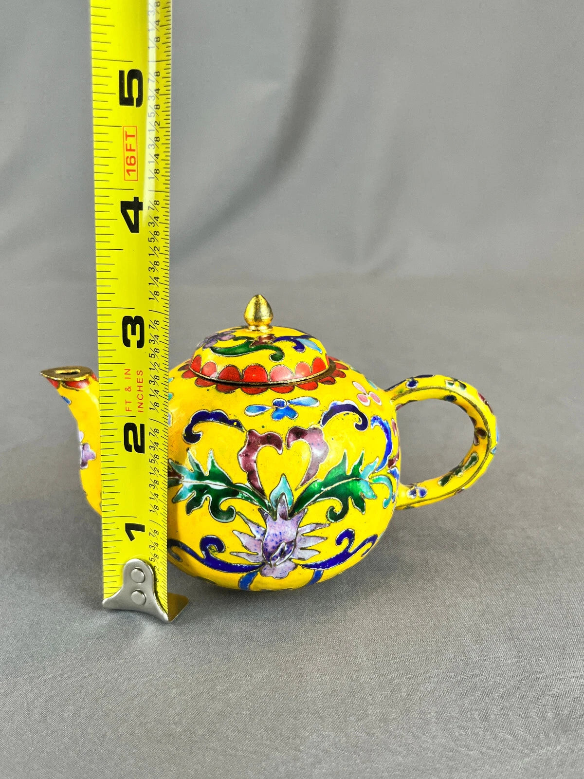 Miniature Chinese Yellow Cloisonné Enamel on Brass Floral 3" Teapot w/ Lid