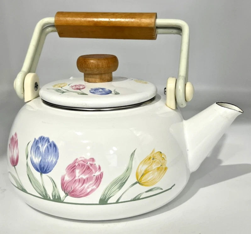 VTG 80s Tea Kettle Floral Porcelain Enamel on Steel Tableworks Unlimited Pastel