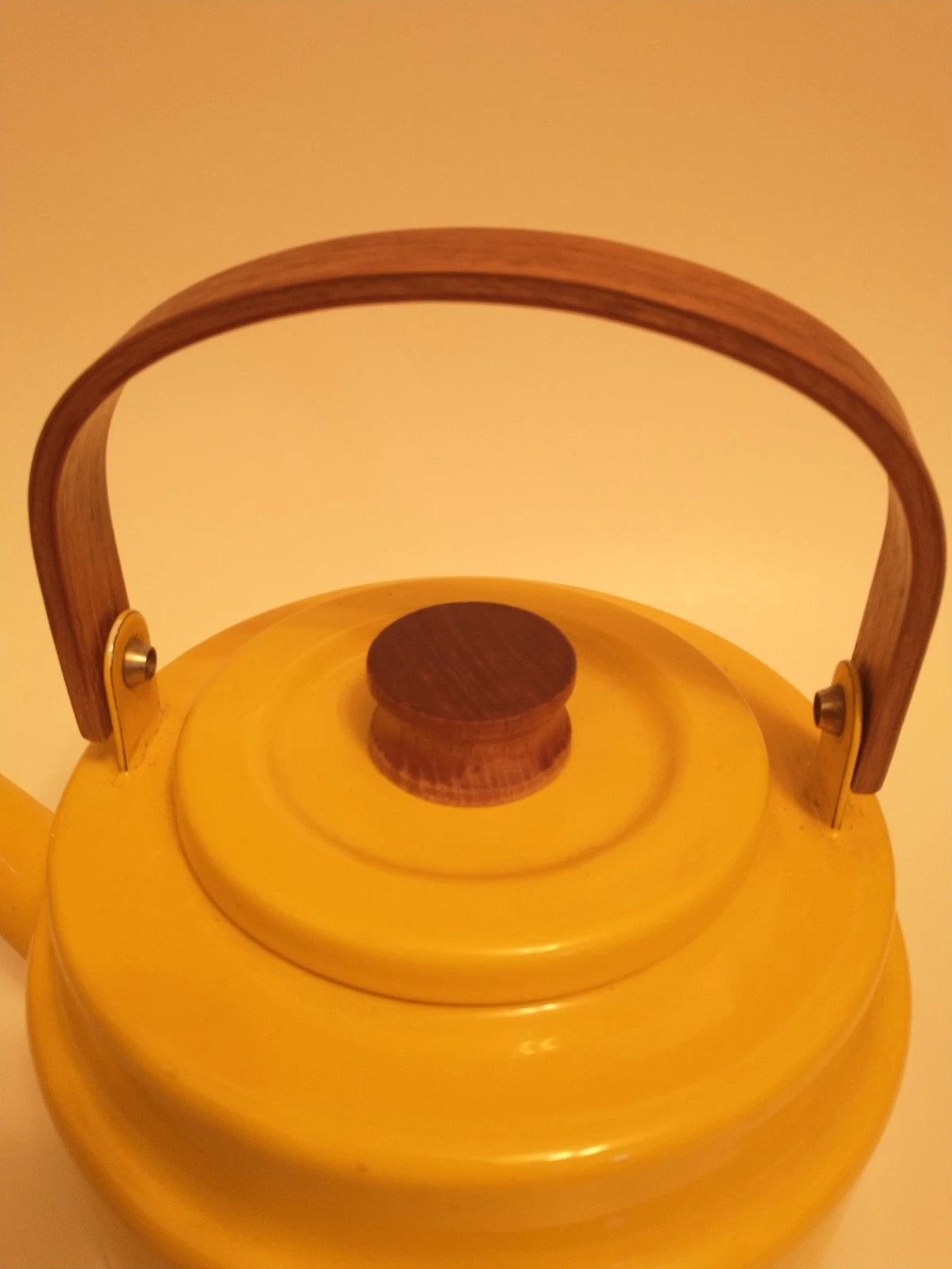 Vintage Cousances (Le Creuset) MCM Yellow Enamel Tea Kettle Teak Handle