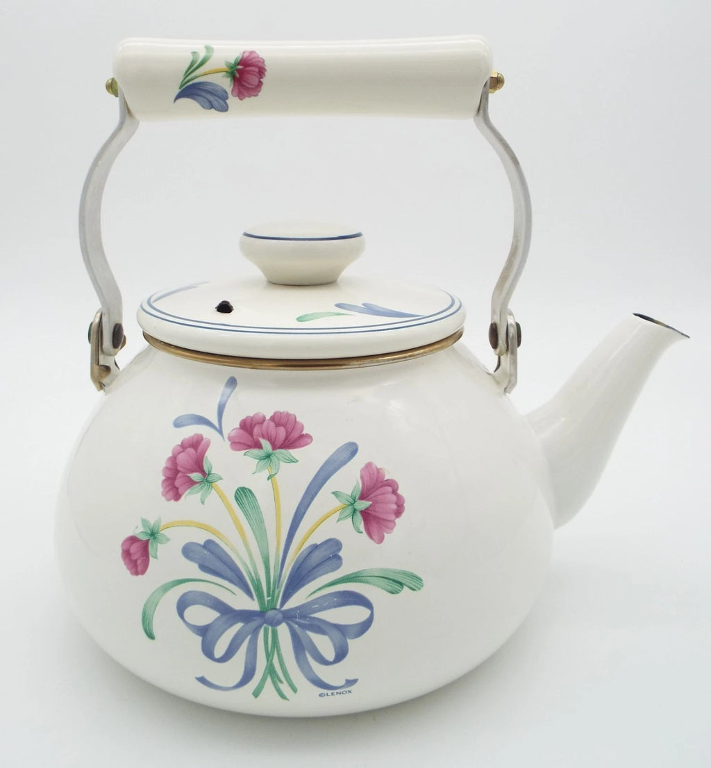 Lenox Poppies on Blue Metal Enamel Tea Kettle Teapot