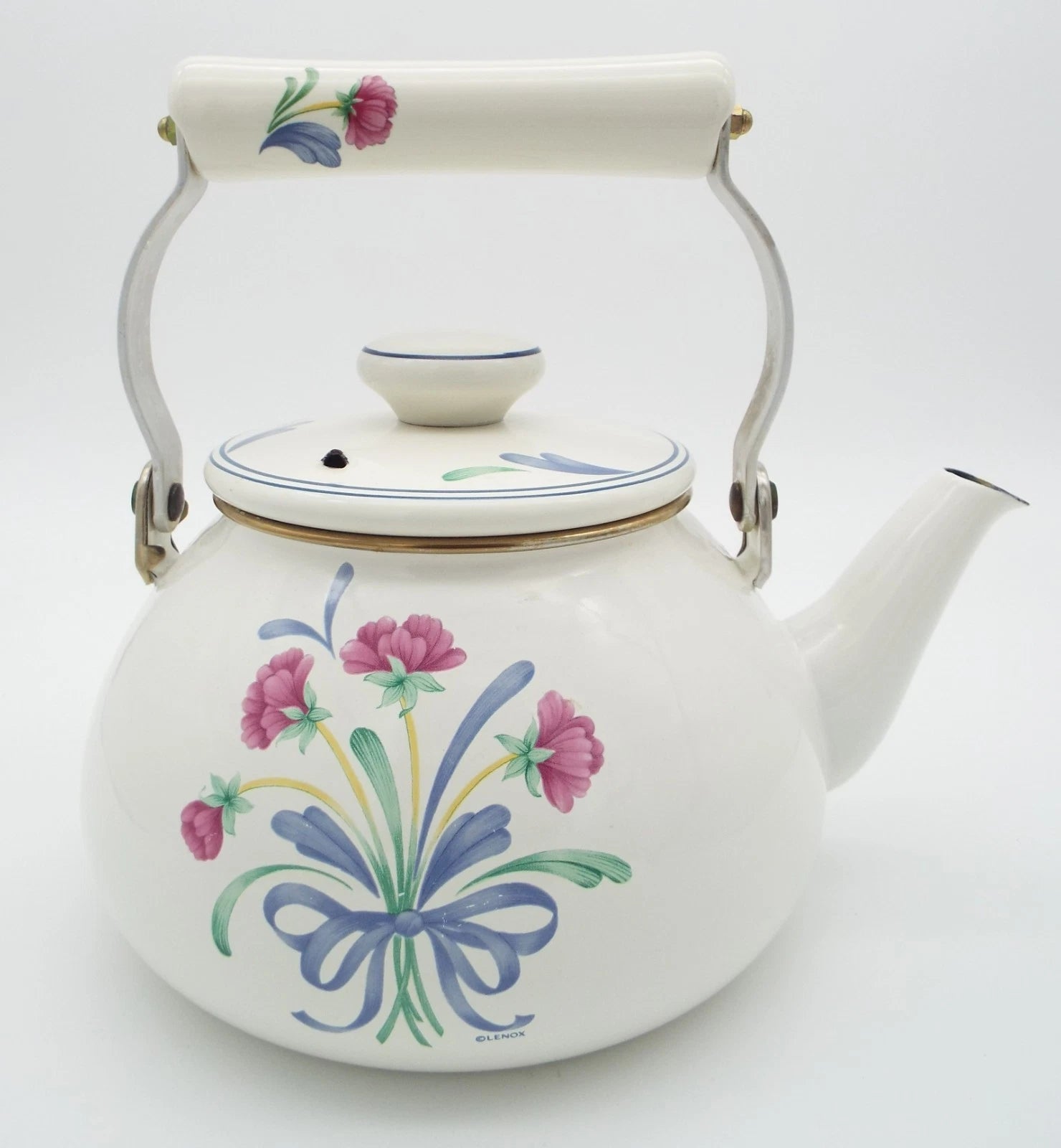 Lenox Poppies on Blue Metal Enamel Tea Kettle Teapot