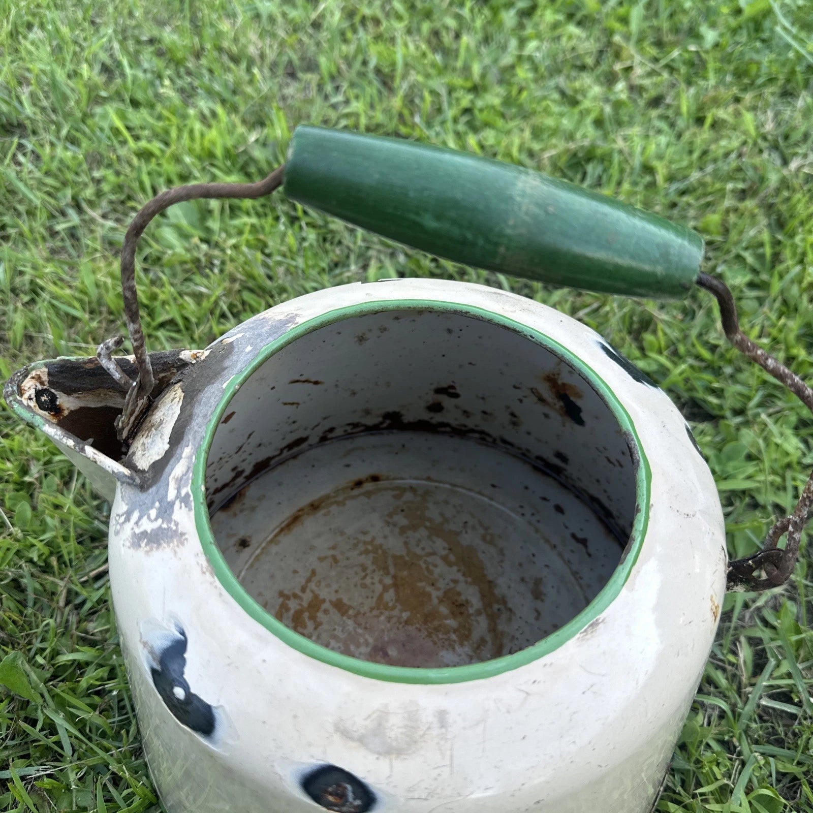 Vintage Enamelware Tea Pot with Wood Knob Handle cream and green.
