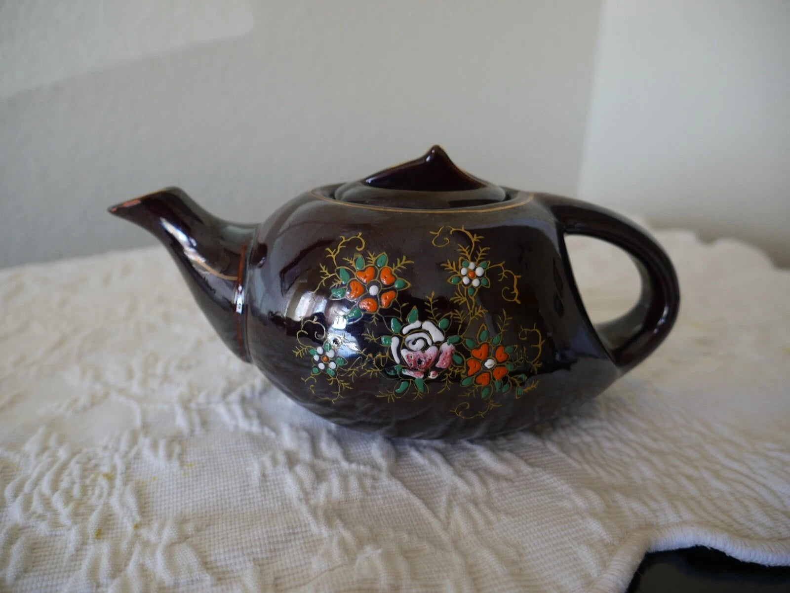Small Long Redware Teapot Gold Trim Hand Painted Enamel Flowers Vintage Japan