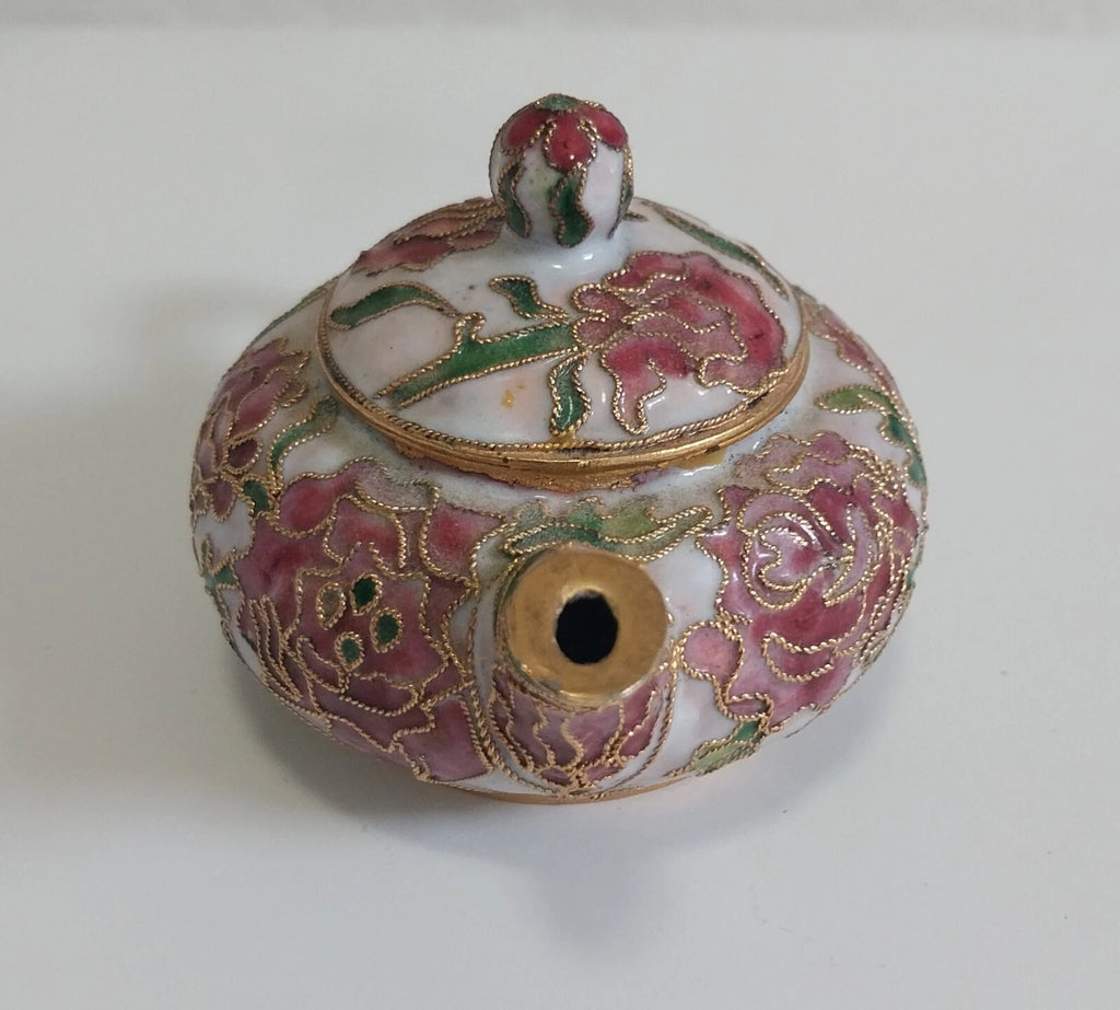 Miniature Floral Enamel Cloisonné Teapot Pink/Mauve Flowers