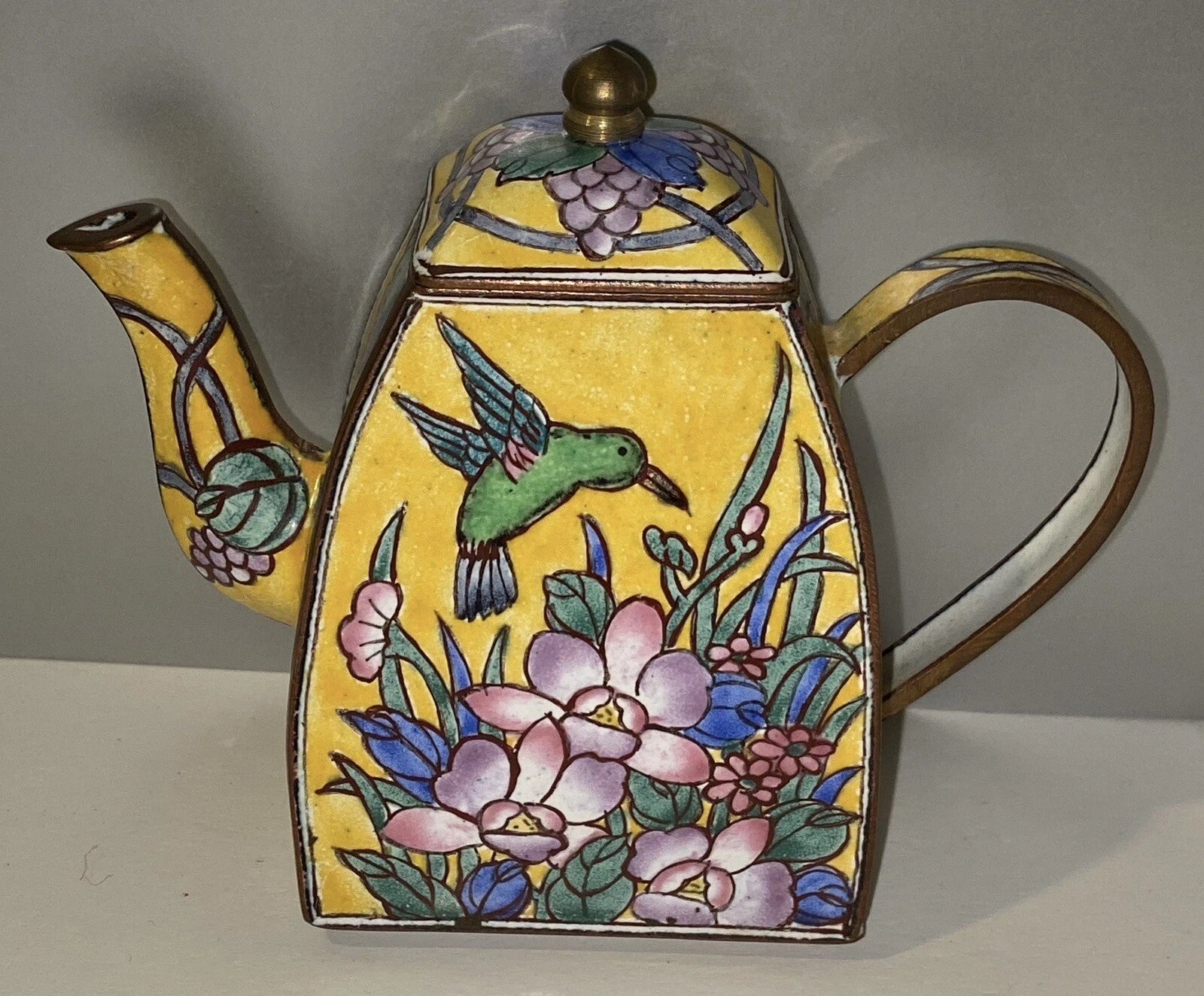 Vintage Miniature Enamel Teapot Hummingbird Hand painted