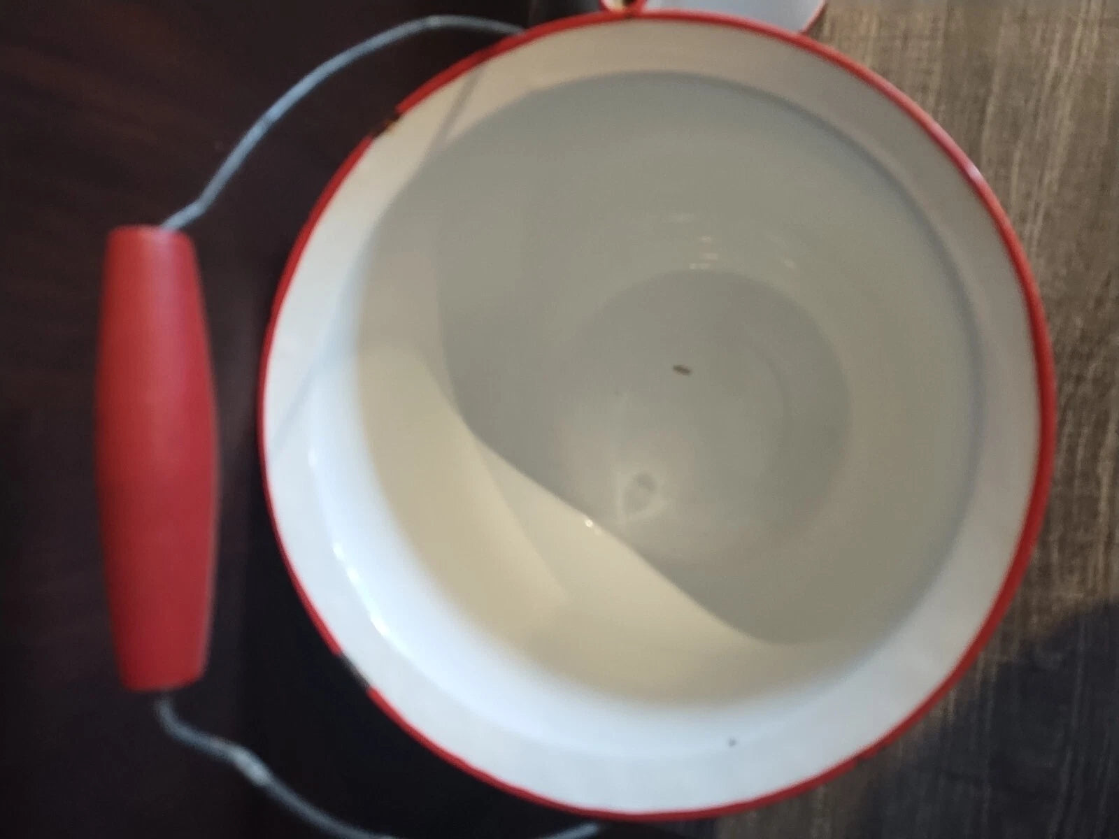 Vintage  Enamelware White w/ Red Trim Large   Pot Handle And Coffee Tea Pot