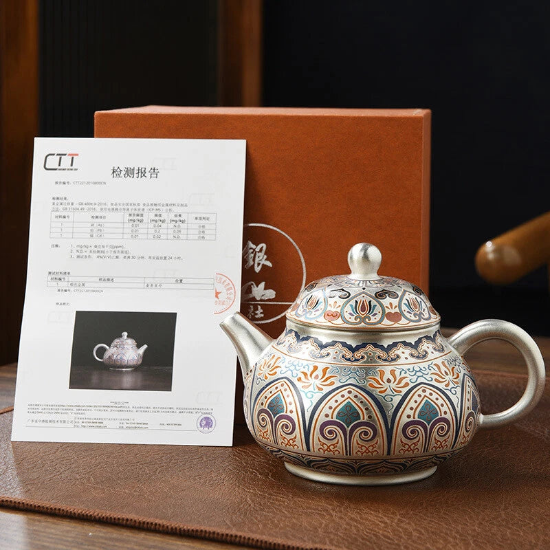 999 Silver Enamel Color Fengming Pot Ceramic Silver Teapot Kung Fu Tea Set Cups