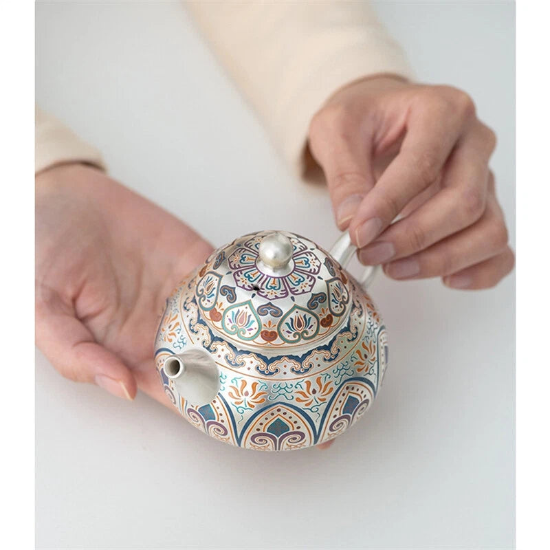 999 Silver Enamel Color Fengming Pot Ceramic Silver Teapot Kung Fu Tea Set Cups