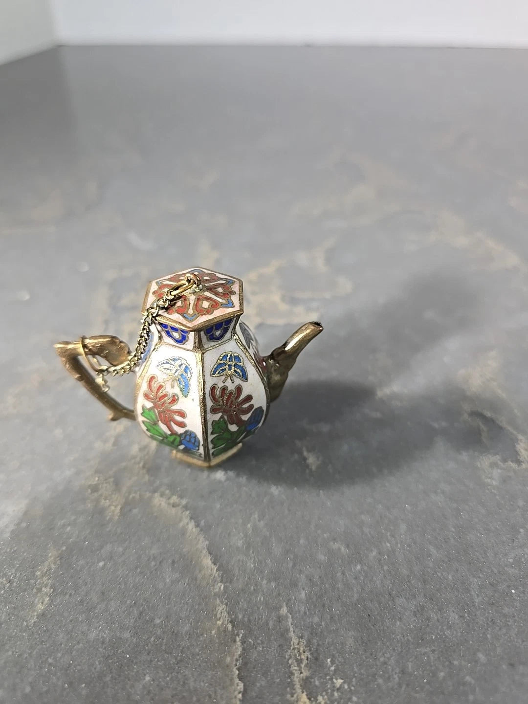 Vintage Cloisonné Brass & Enamel Miniature Lidded Tea Pot