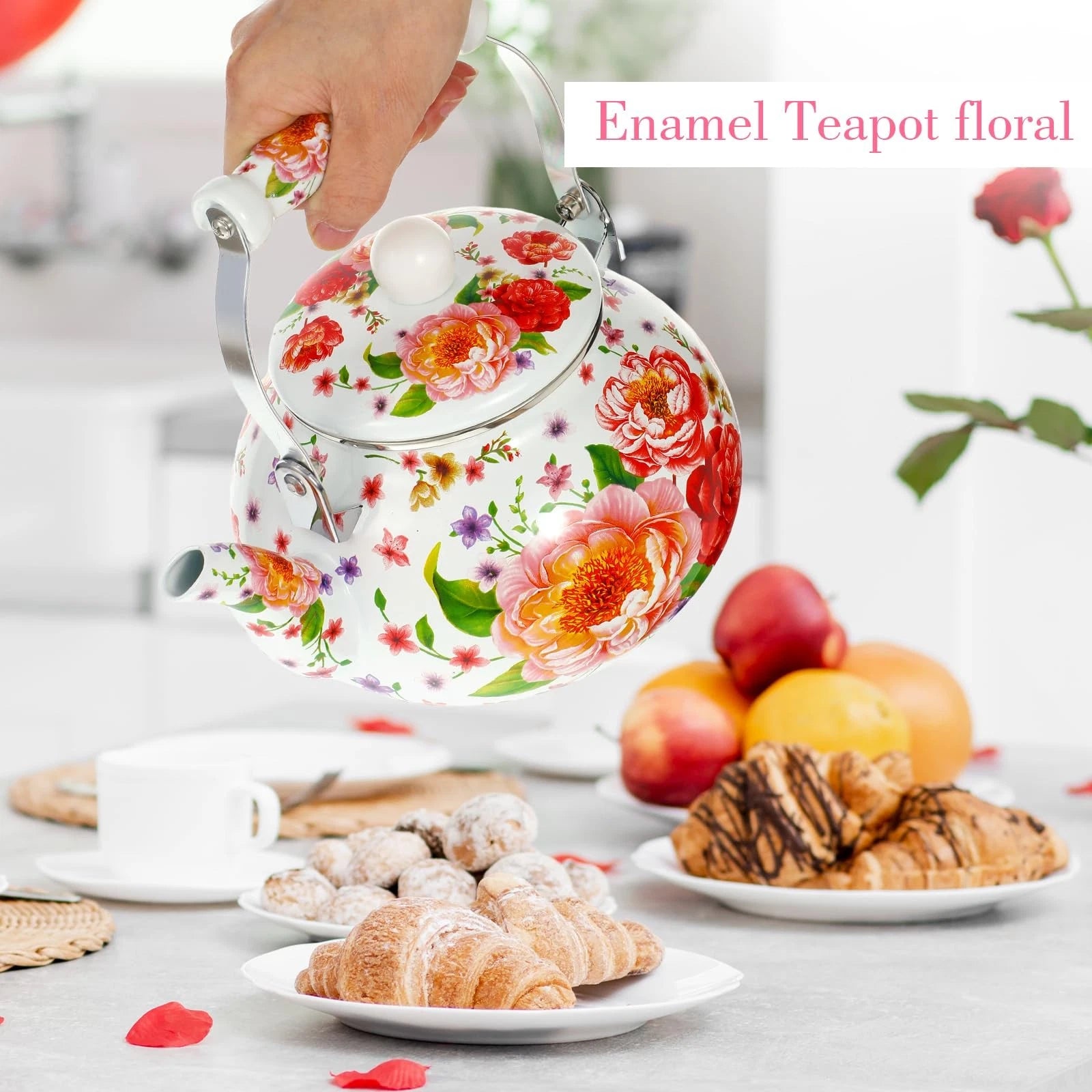 2.6 Quart Floral Enamel Tea Kettle, Vintage Enameled Teapot Stovetop, Enamel ...
