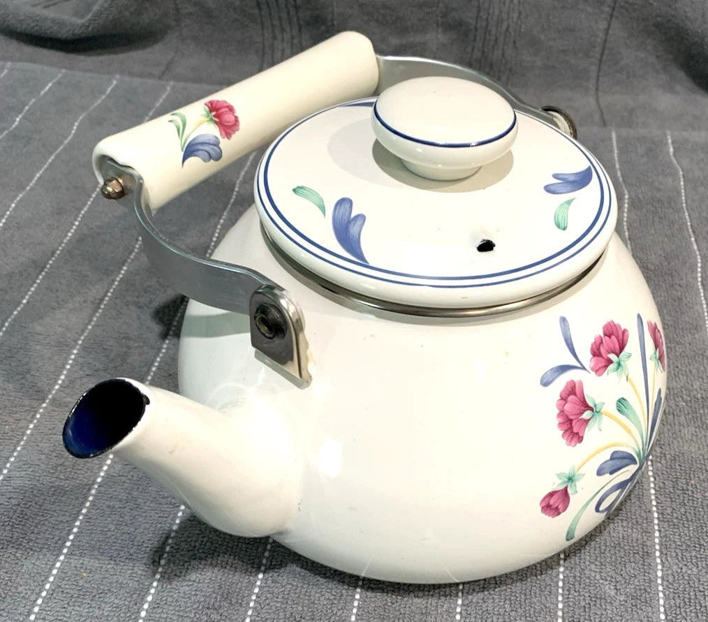 VINTAGE LENOX POPPIES ON BLUE METAL ENAMEL TEA POT KETTLE 8 CUP USA  EX COND.