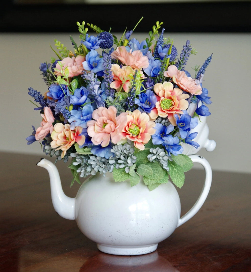 Vintage White Enamel Teapot With Peach Daisies With Blue Delphinium, Wildflowers