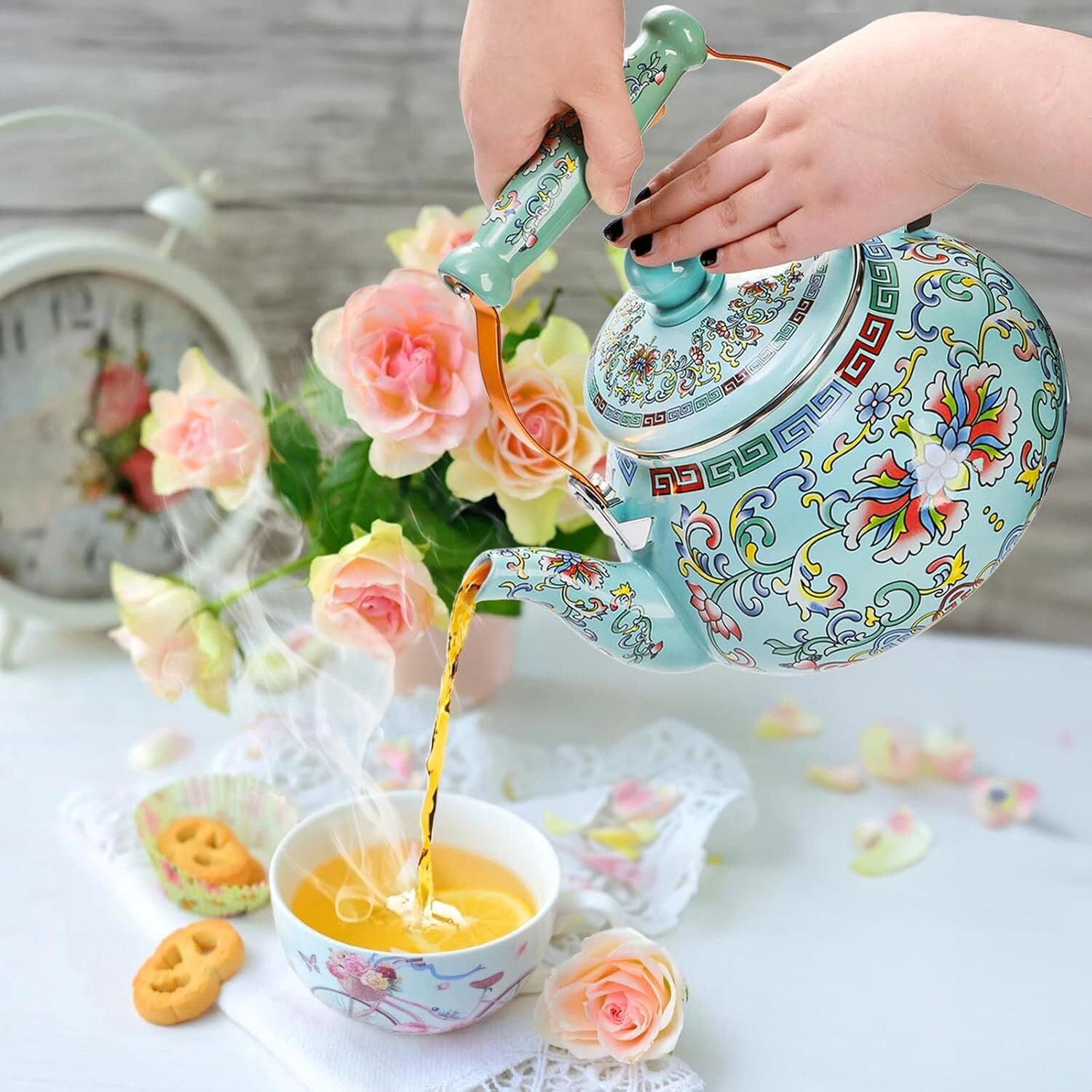 2.6 Quart Vintage Enamel Tea Kettle Large Enameled Floral Teapot Flower Enamel