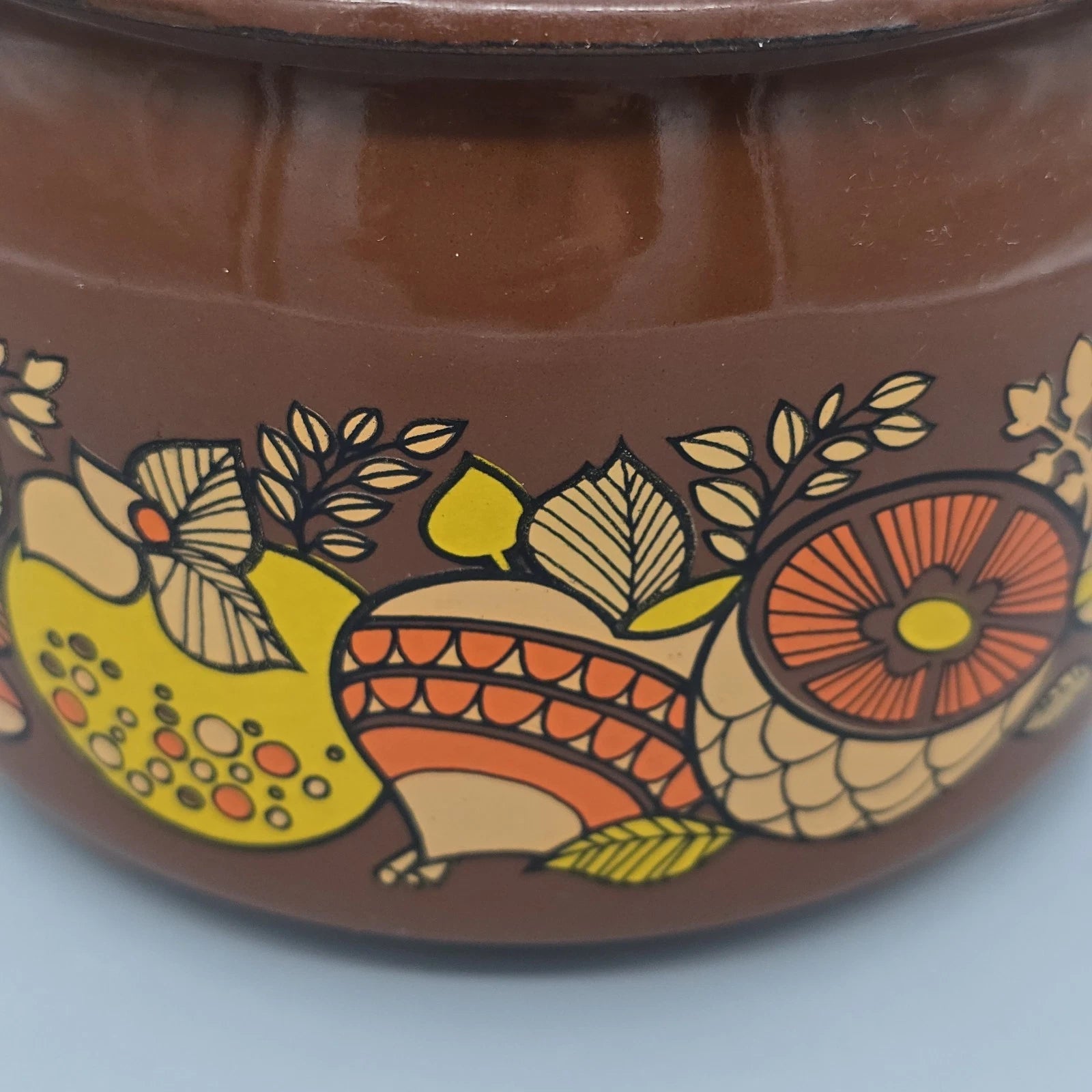 Vintage 70's Mushroom & Fruit Enamelware Brown Tea Kettle With Lid & Handle